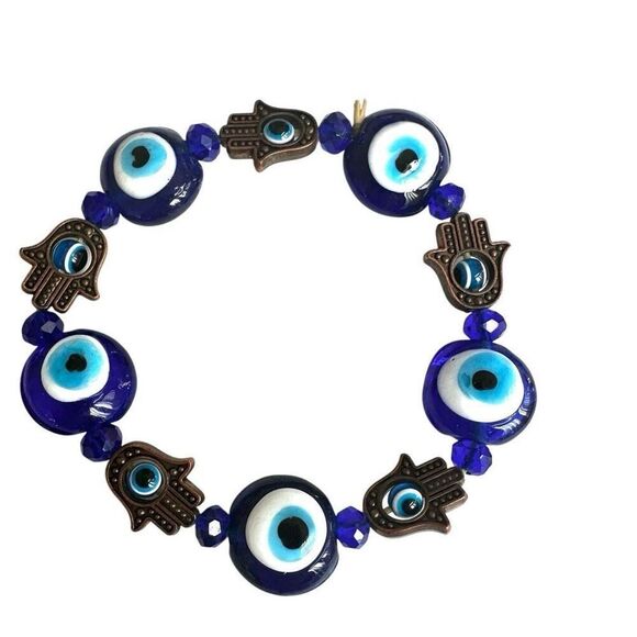 Glass evil eye hamsa stretchy bracelet - Picture 1 of 7
